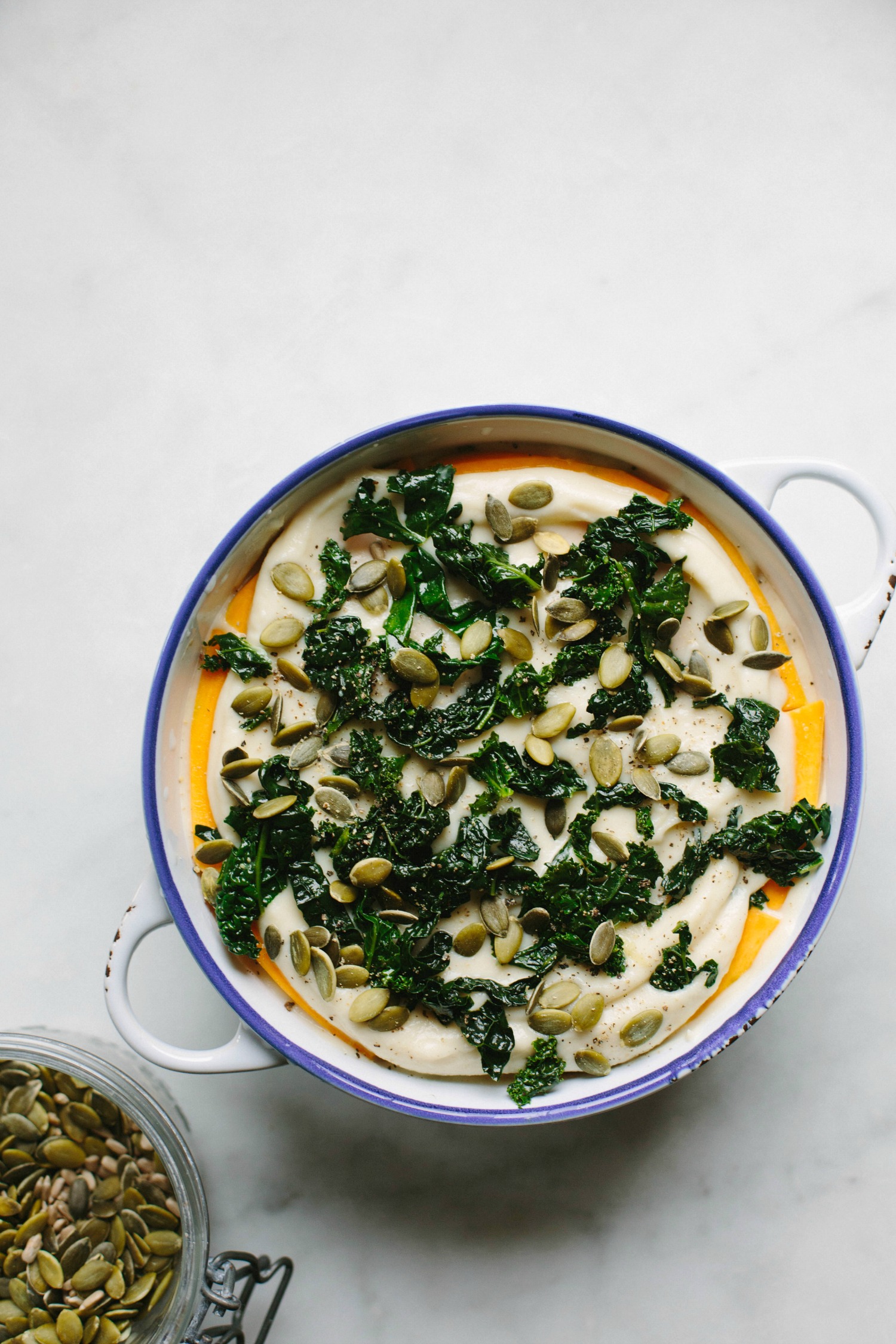 Vegan pumpkin, lentil + kale bake