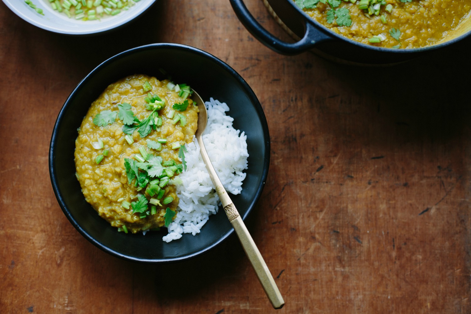 my favourite red lentil dhal with pickled coriander (cilantro) stalks